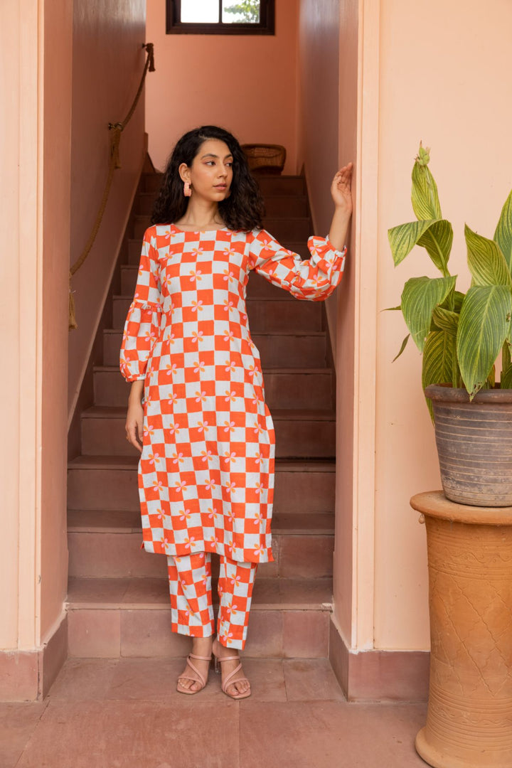 Bloom Kurta Set - Peach Checks (Set of 2)