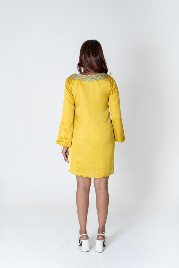 Green-Yellow Braided Collar Short Dress