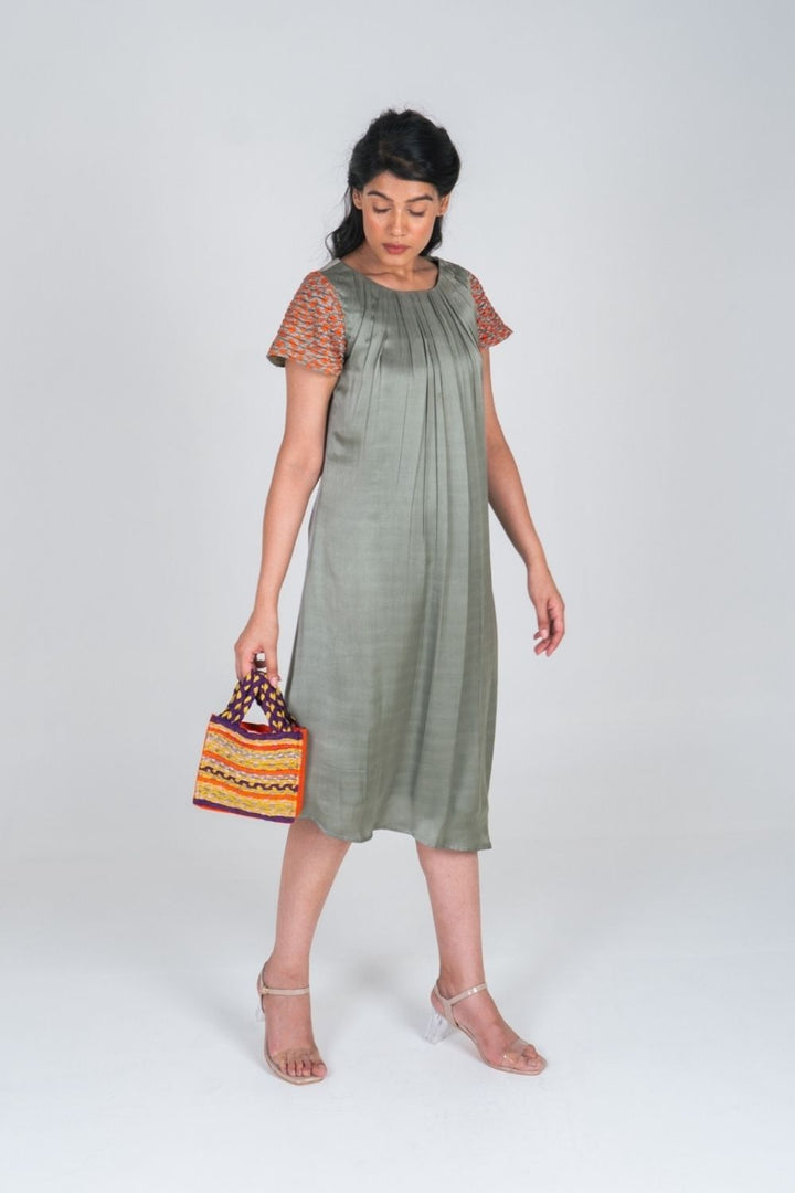 Green-Orange Braided Sleeve Midi Dress