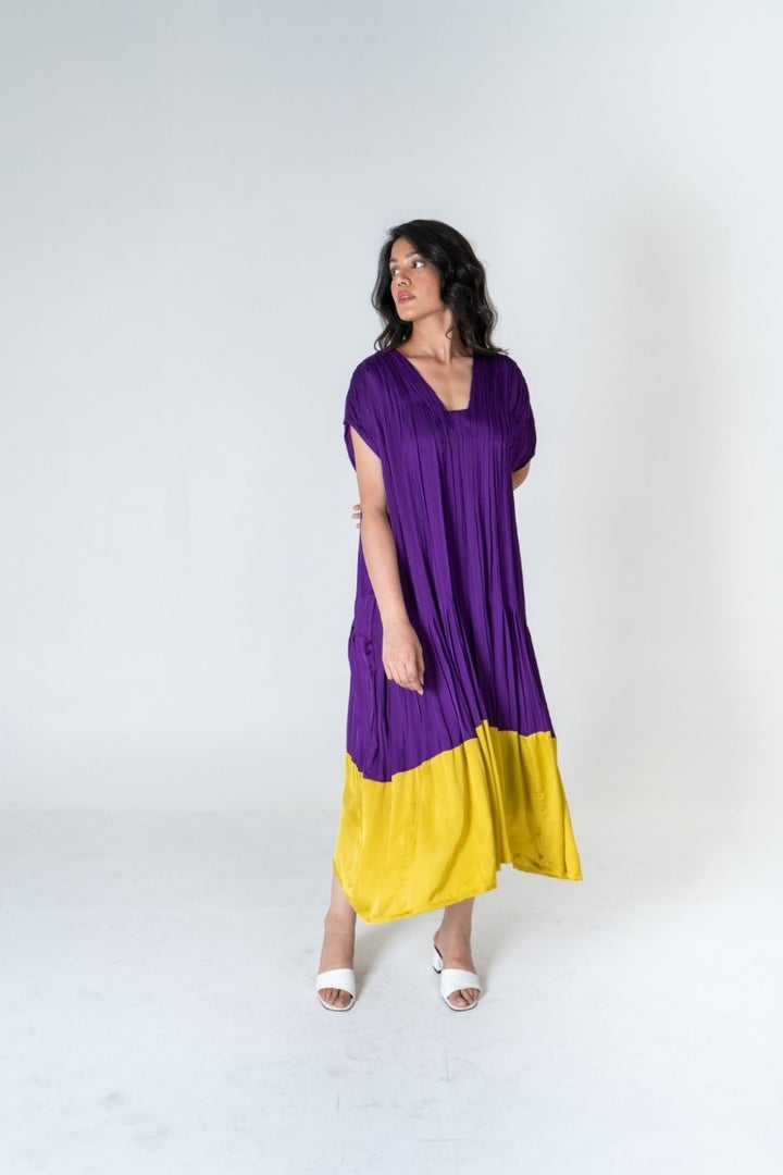 Purple-Yellow Color-Blocked Dress