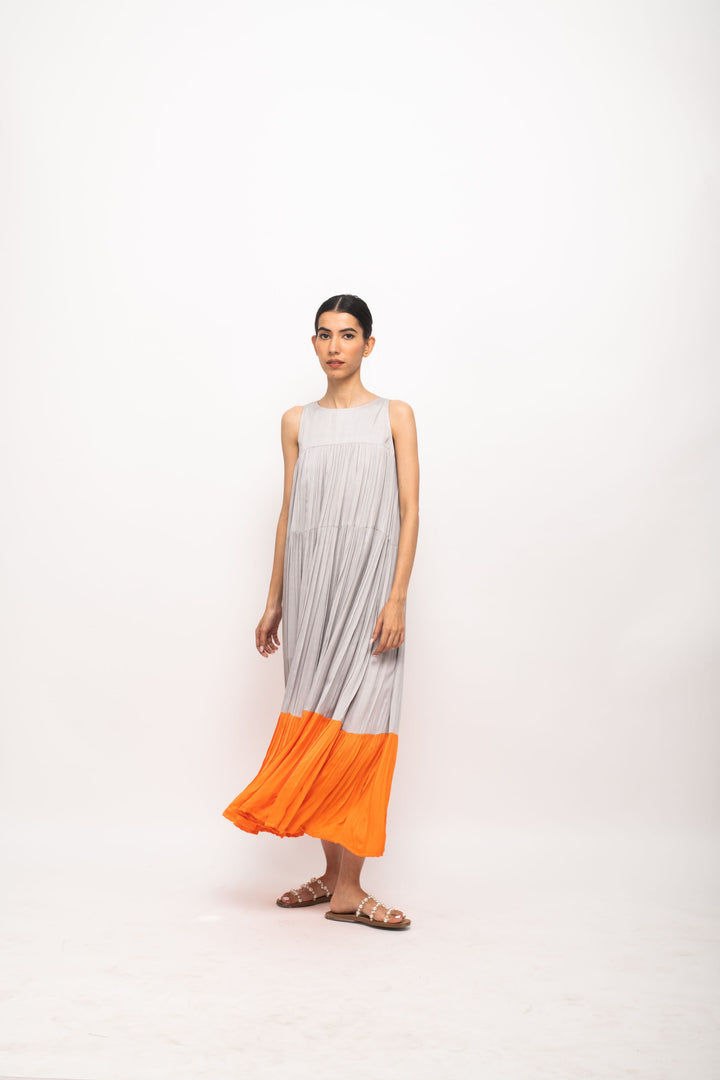 Grey-Orange Halter Neck Dress