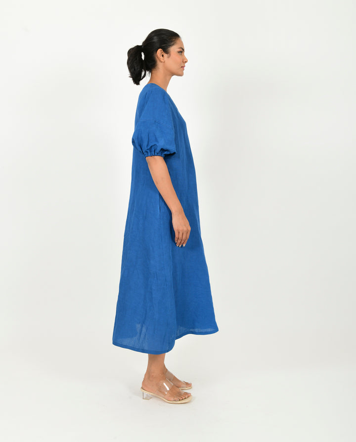 Classic Blue Cotton Dress With Puffed Sleeves