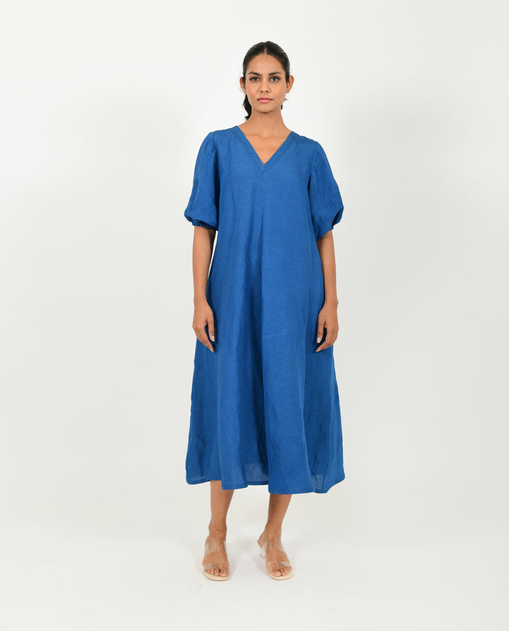 Classic Blue Cotton Dress With Puffed Sleeves