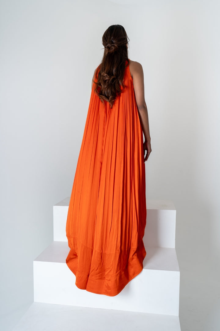 Orange-Pink Braided Halter Neck Gather Gown