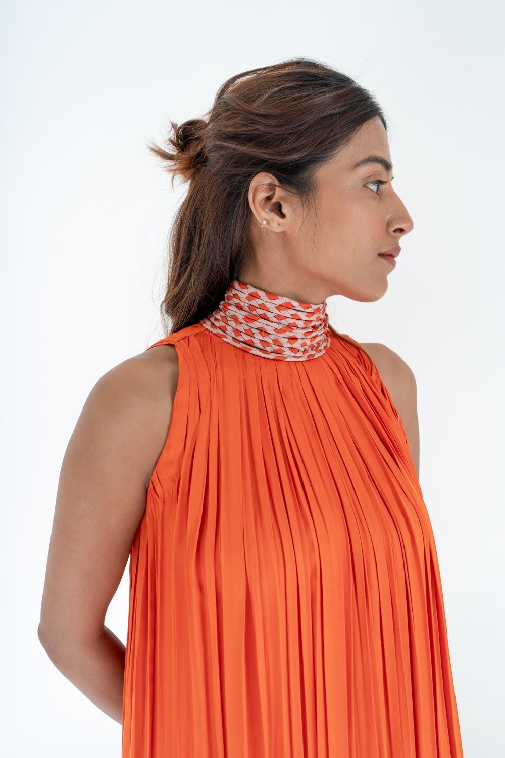 Orange-Pink Braided Halter Neck Gather Gown