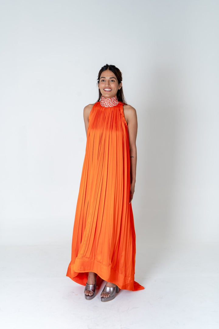 Orange-Pink Braided Halter Neck Gather Gown