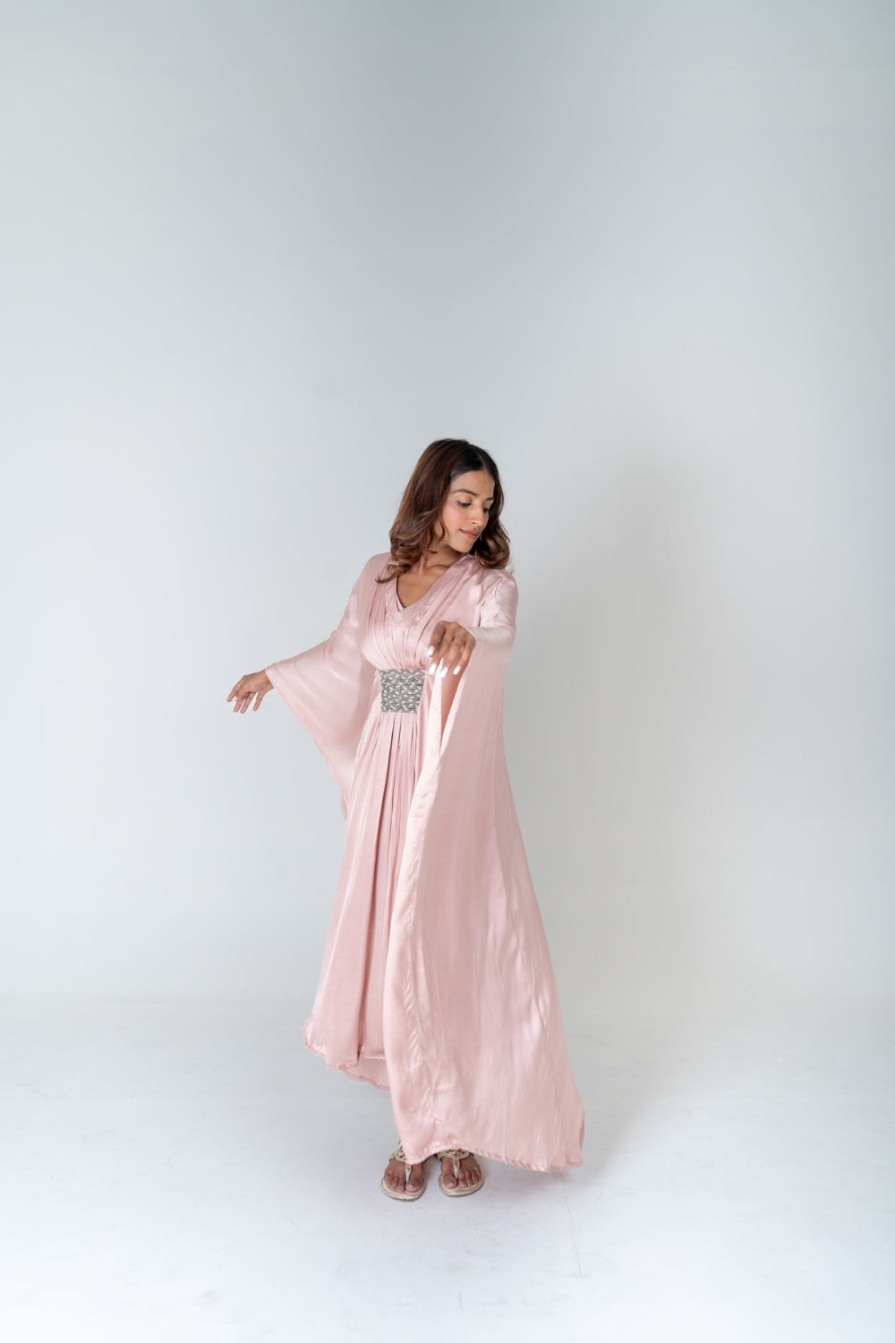 Pink-Green Braided Long Kaftan