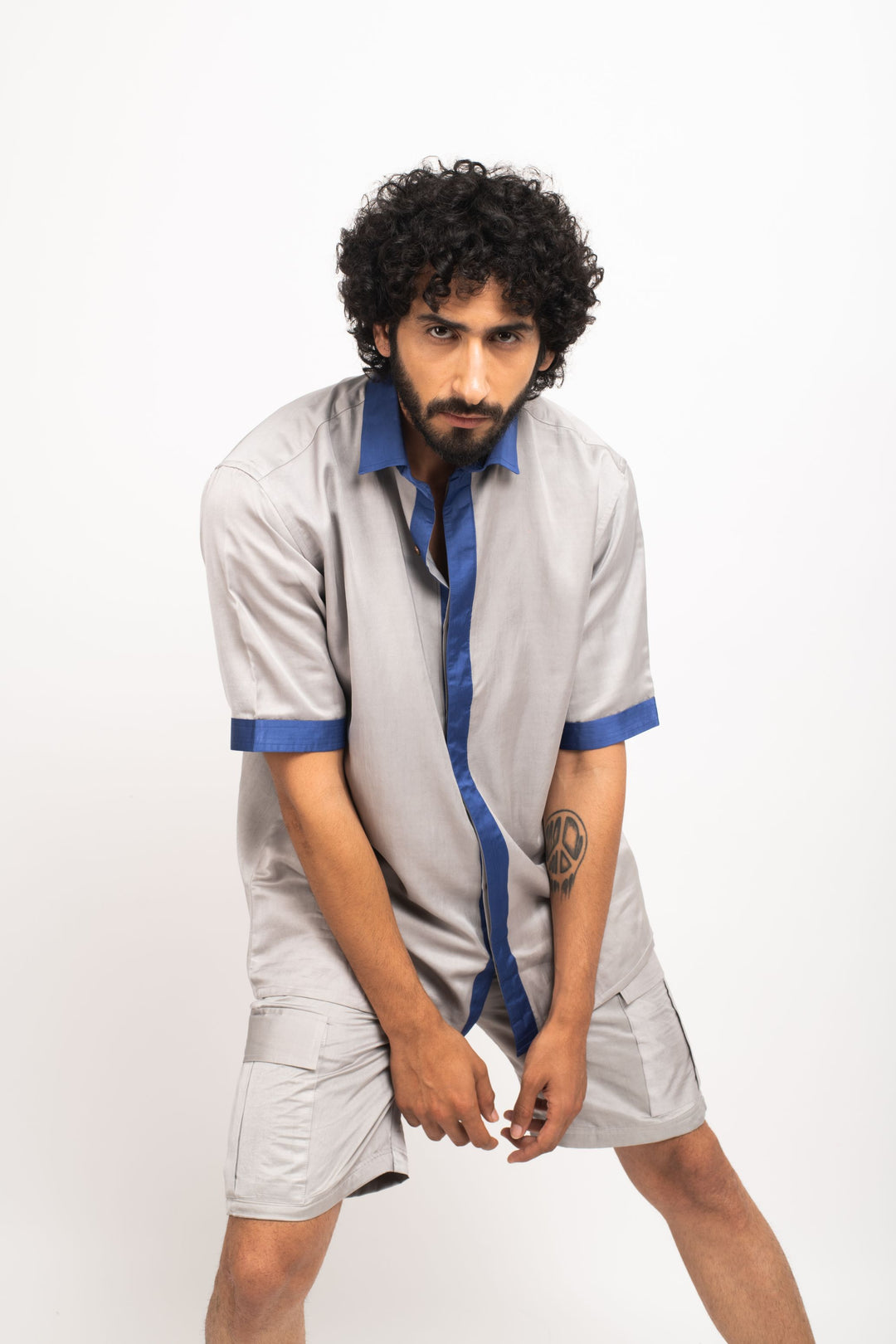 Grey-Blue Collar Colorblocked Shirt