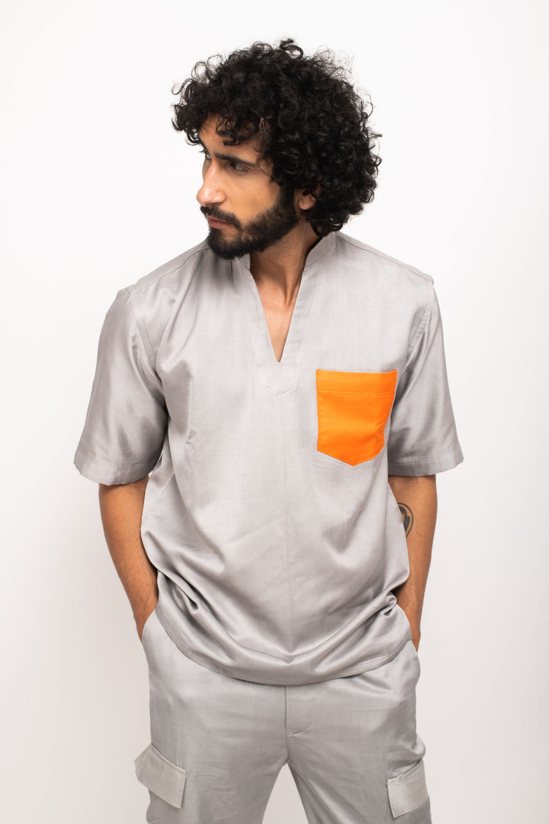 Grey-Orange Pocket Shirt
