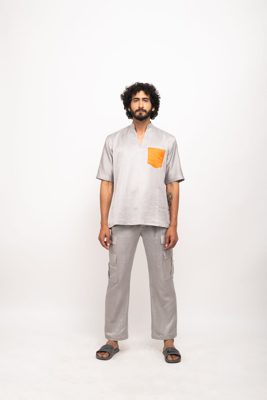 Grey-Orange Pocket Shirt