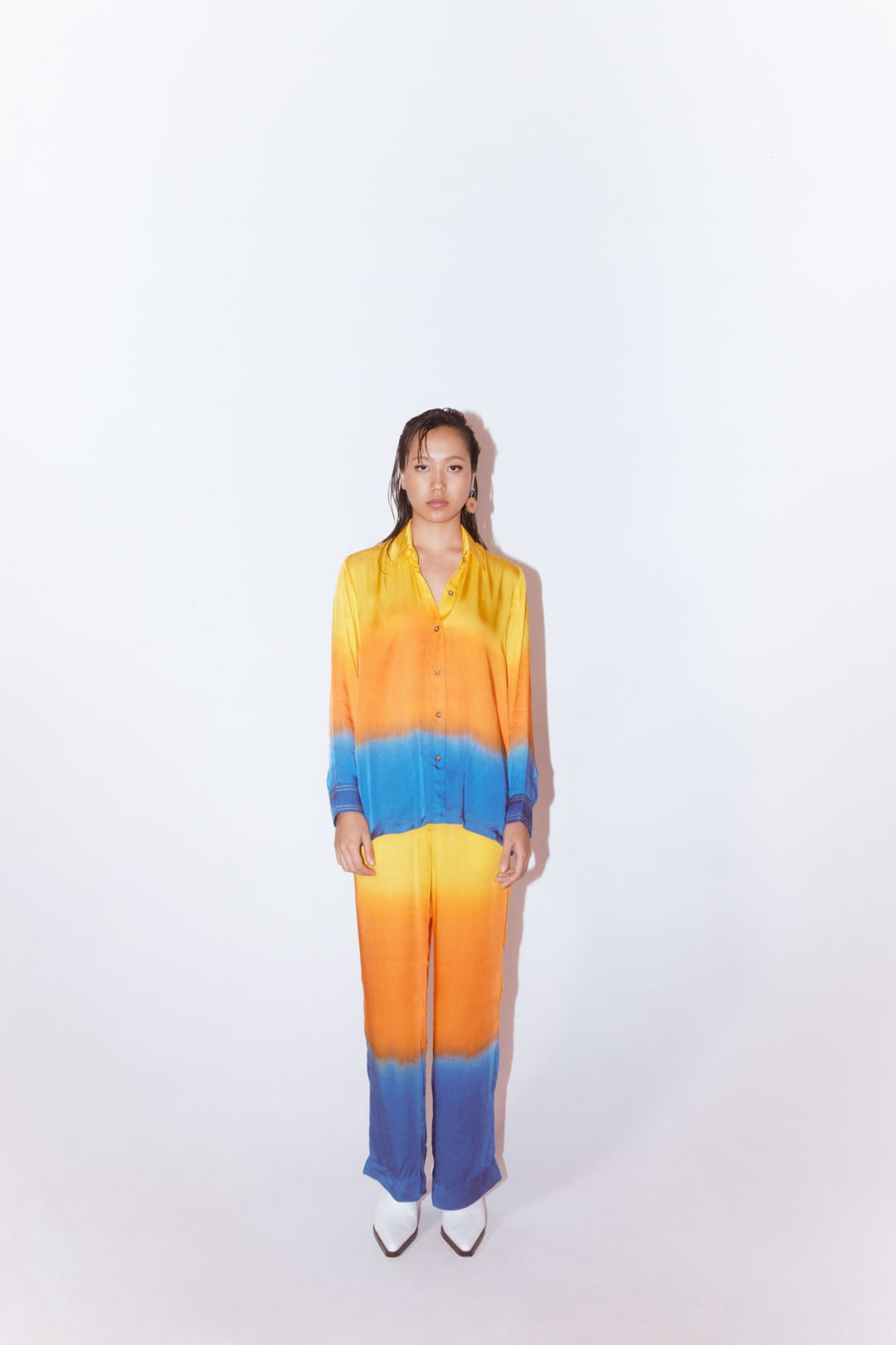 Ocean Leheriya Shirt And Pants Co-ord (Yellow/ Orange/ Blue)