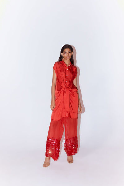 Aspen Organza Embroidered Trousers (Red)