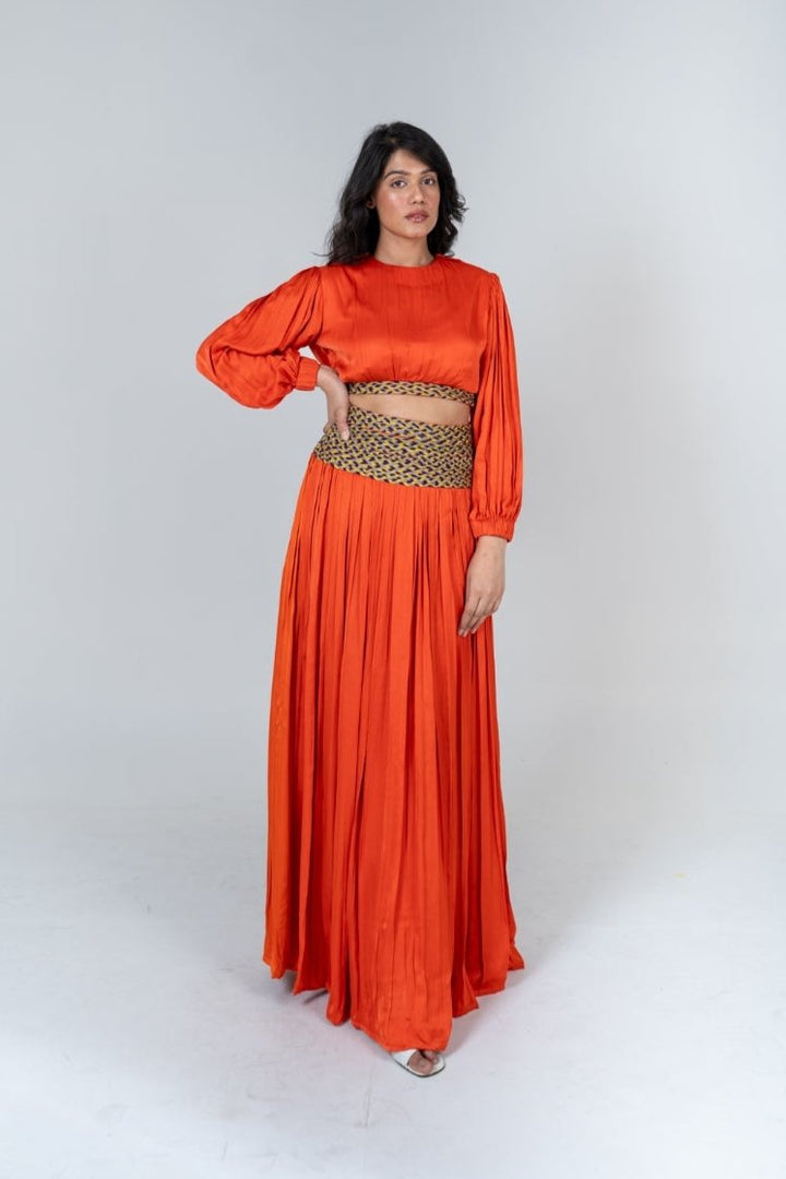 Orange Skirt Set with Color-Blocked Braids