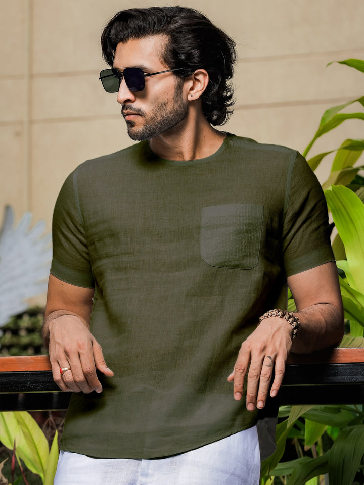 Simon - Pure Linen Stitch Detail Short Sleeve T-Shirt - Moss Green