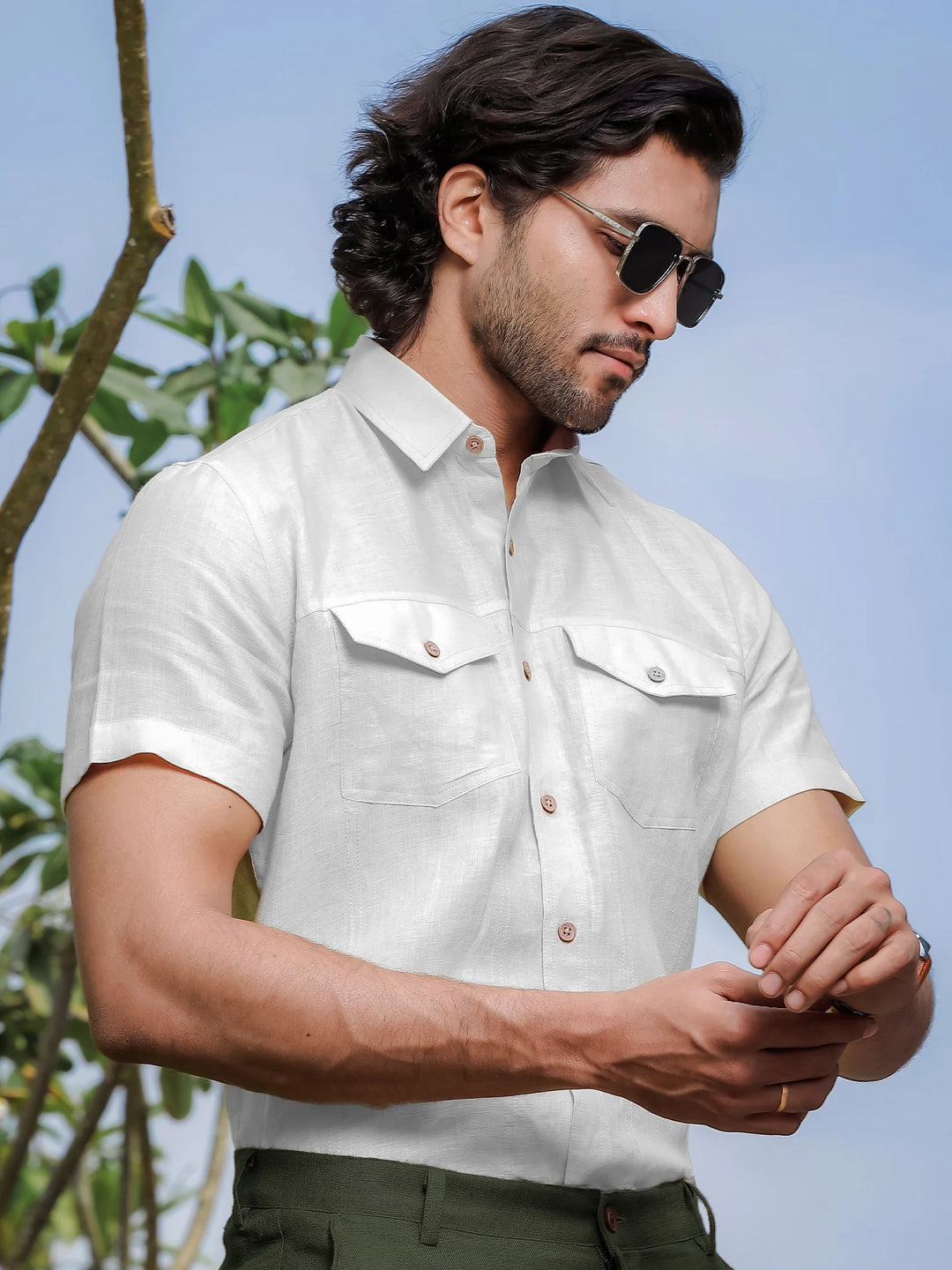 Thomas - Pure Linen Double Pocket Short Sleeve Shirt - White