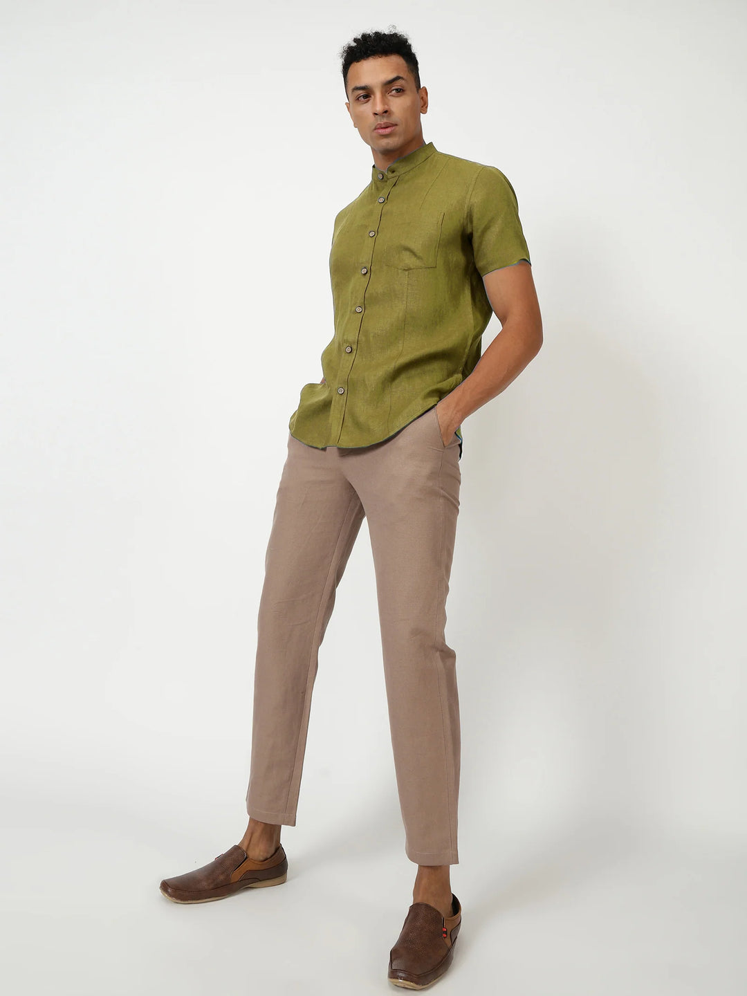 Trevor - Pure Linen Mandarin Collar Half Sleeve Shirt - Sap Green