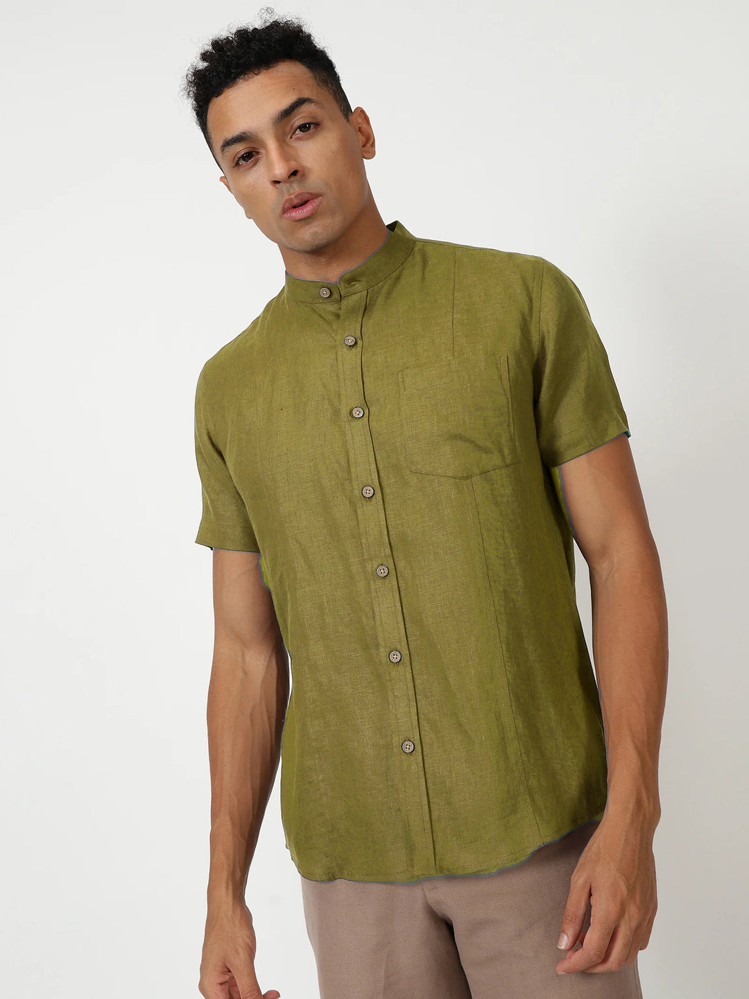 Trevor - Pure Linen Mandarin Collar Half Sleeve Shirt - Sap Green