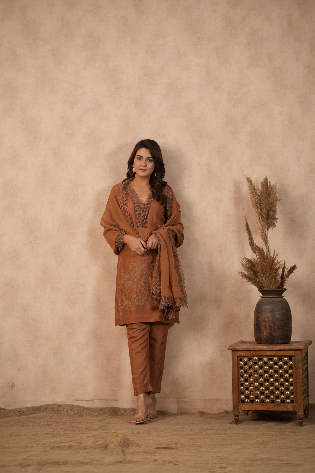 Brown Embroidered Suit set ( Set of 3 )