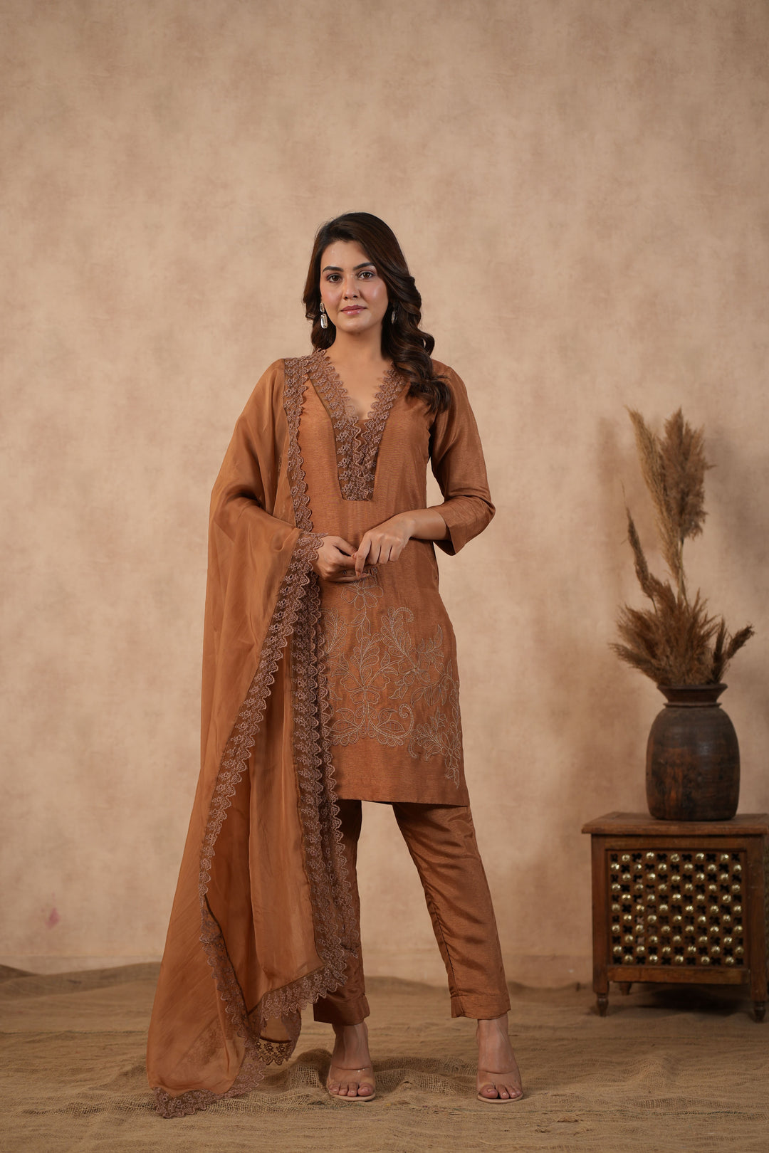 Brown Embroidered Suit set ( Set of 3 )