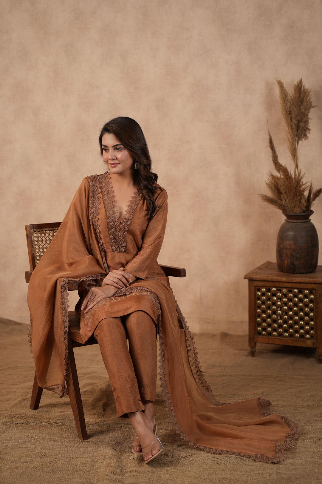 Brown Embroidered Suit set ( Set of 3 )