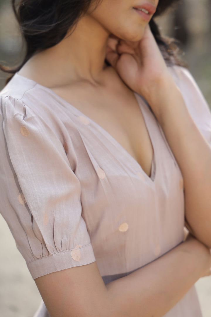 BEIGE AND PEACH POLKA DOT DRESS