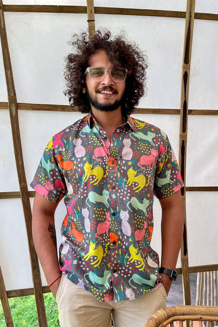 Cat print men's casual shirt