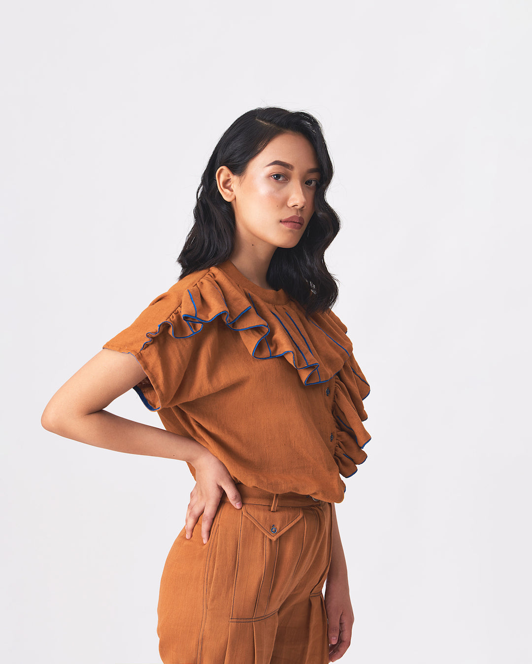 DOROTHY - BROWN RUFFLED SHIRT TOP