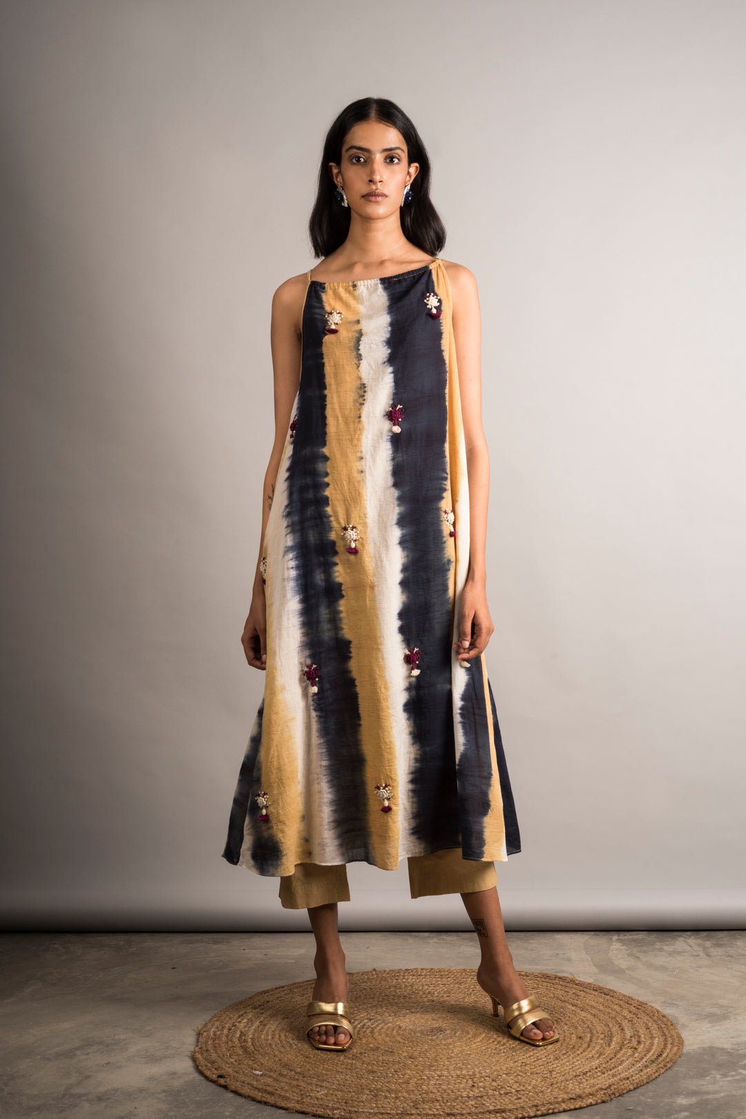 STRIPED TIE-DYE EMBROIDERED DRESS WITH PANTS