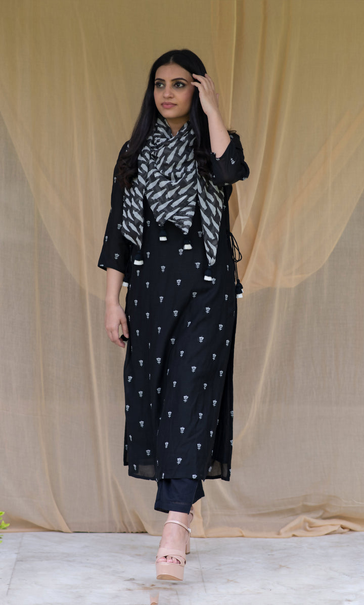 MIDNIGHT BLACK COTTON TUNIC WITH SCARF (SET OF 3)