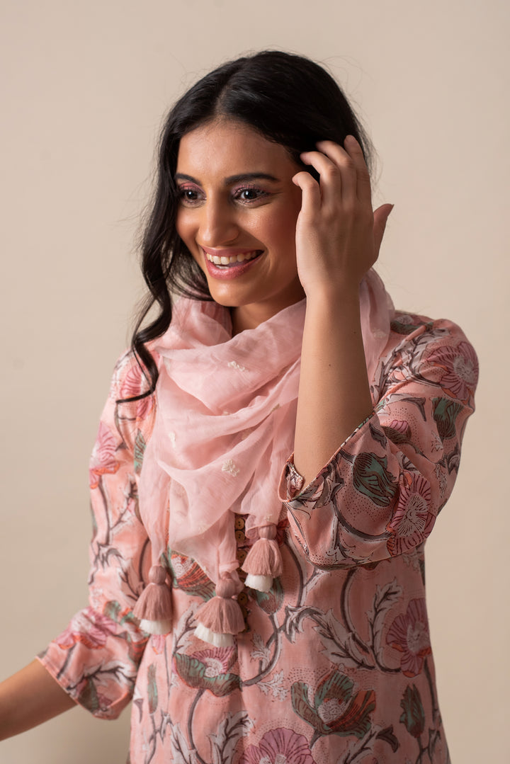 PINK FLORAL COTTON TUNIC WITH SCARF (SET OF 3)