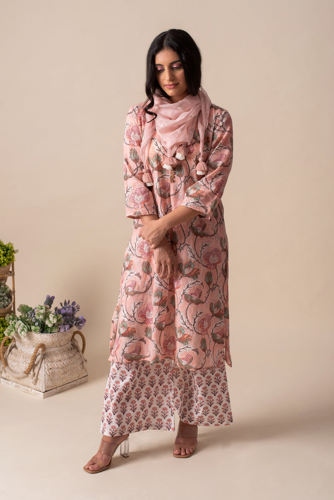 PINK FLORAL COTTON TUNIC WITH SCARF (SET OF 3)