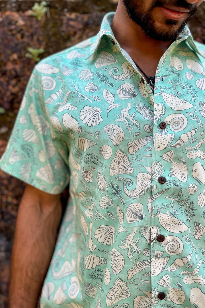 Pastel green vintage style fish print half sleeve shirt for men at Siesta o'Clock