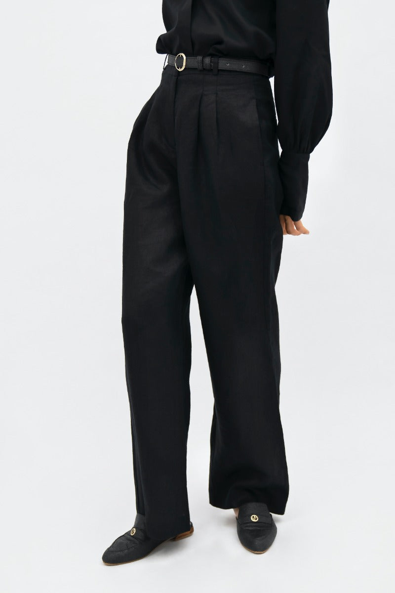 French Riviera Linen Wide Leg Pants in Licorice