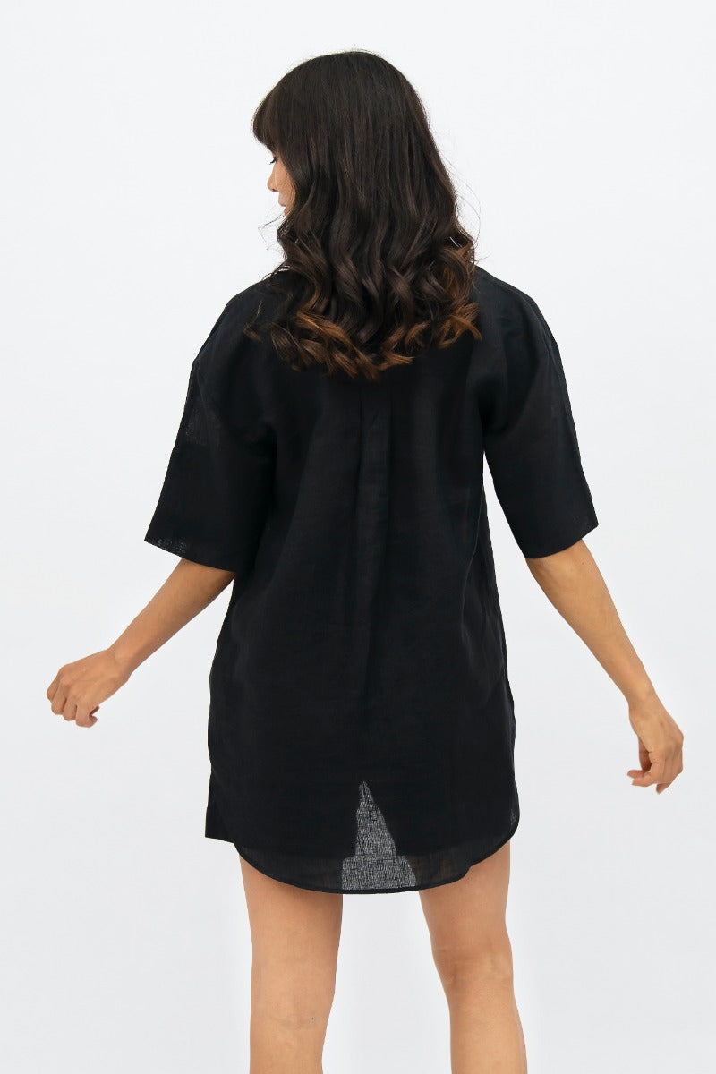 Seville Linen Short Sleeves Shirt in Licorice